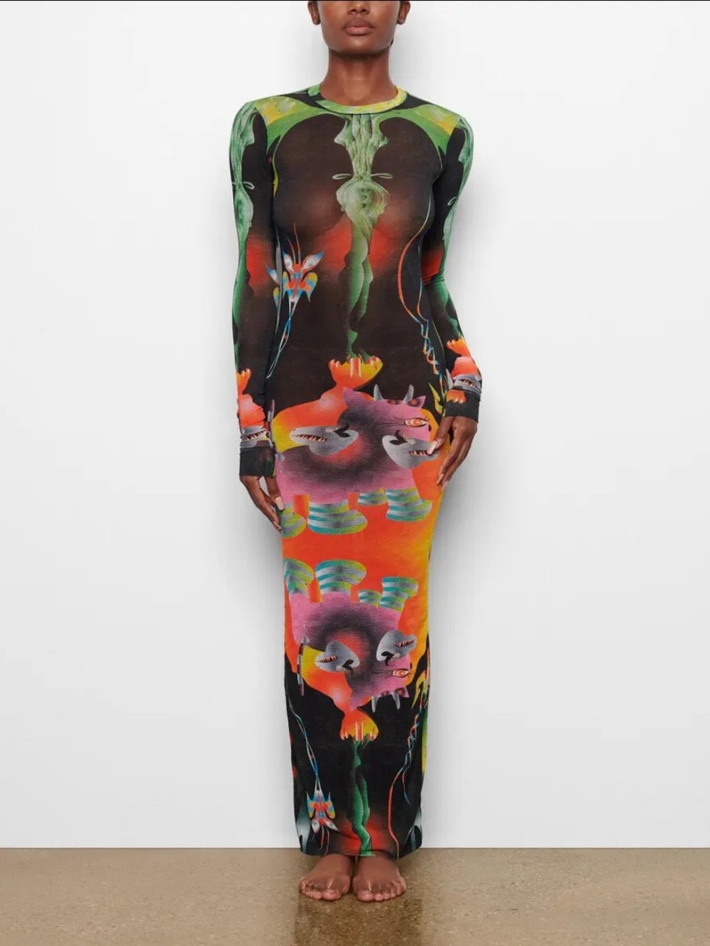 Rare SKIMS Long-Sleeve Sheer Abstract Multicol. Print Maxi Dress, Size 4X, NWOT